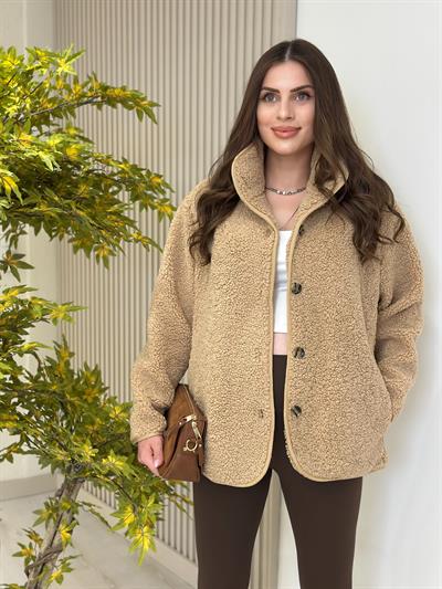 Teddy Önü Düğmeli Dik Yaka Mont Camel