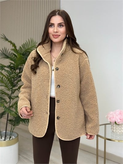 Teddy Önü Düğmeli Dik Yaka Mont Camel