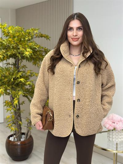 Teddy Önü Düğmeli Dik Yaka Mont Camel