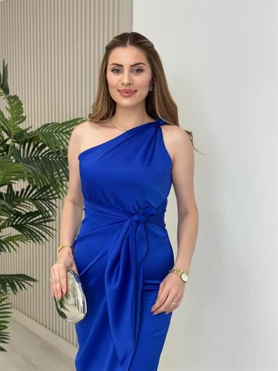 Tek Omuz Bağlama Detaylı Anvelop Elbise Saks Mavi
