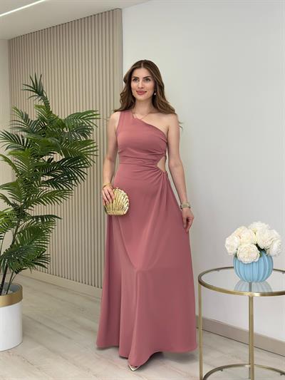 Tek Omuz Bel Dekolteli Elbise Gül Kurusu