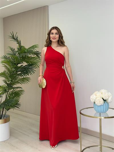 Tek Omuz Bel Dekolteli Elbise Kırmızı