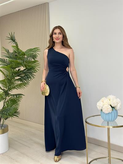 Tek Omuz Bel Dekolteli Elbise Lacivert