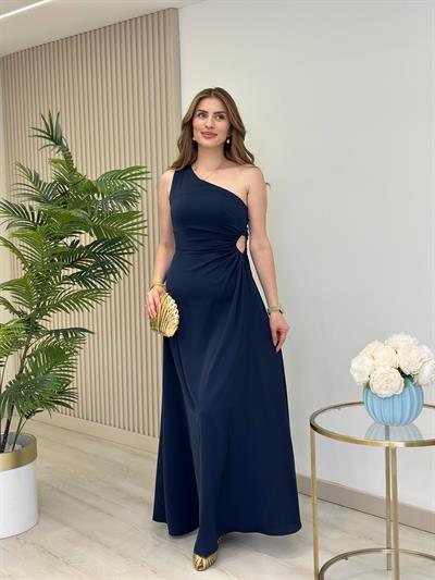 Tek Omuz Bel Dekolteli Elbise Lacivert