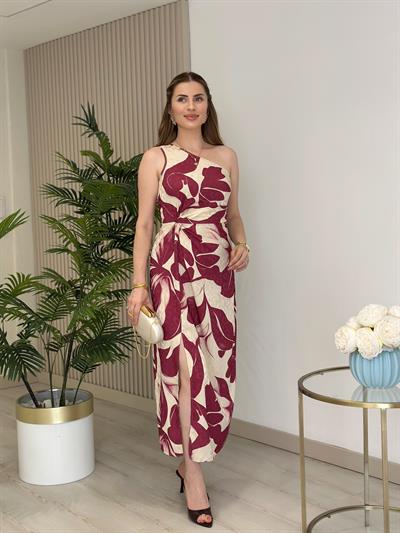 Tek Omuz Beli Düğüm Detay Pamuk Saten Elbise Mürdüm