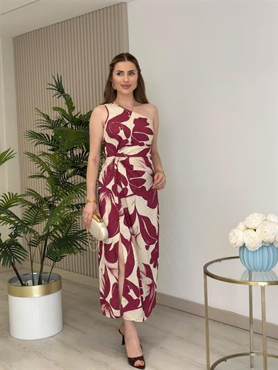 Tek Omuz Beli Düğüm Detay Pamuk Saten Elbise Mürdüm