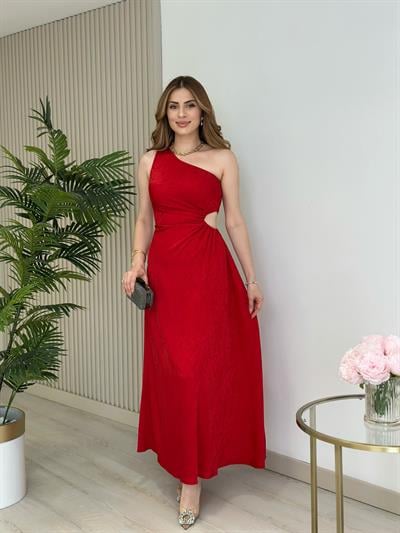 Tek Omuz Beli Pencere Detaylı Pamuk Saten Elbise Kırmızı