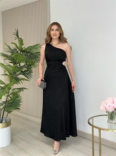 Tek Omuz Beli Pencere Detaylı Pamuk Saten Elbise Siyah