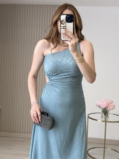 Tek Omuz Beli Pencere Detaylı Pamuk Saten Elbise Mint