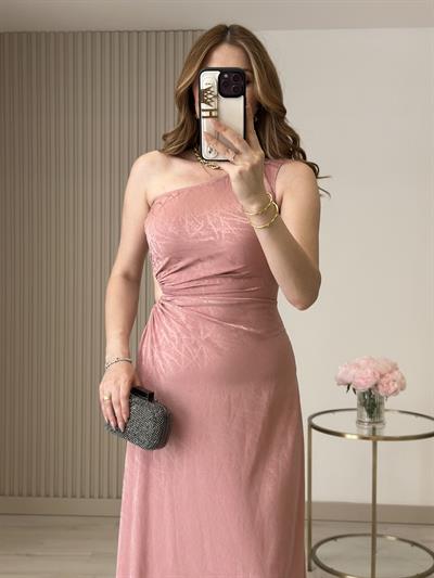 Tek Omuz Beli Pencere Detaylı Pamuk Saten Elbise Pudra