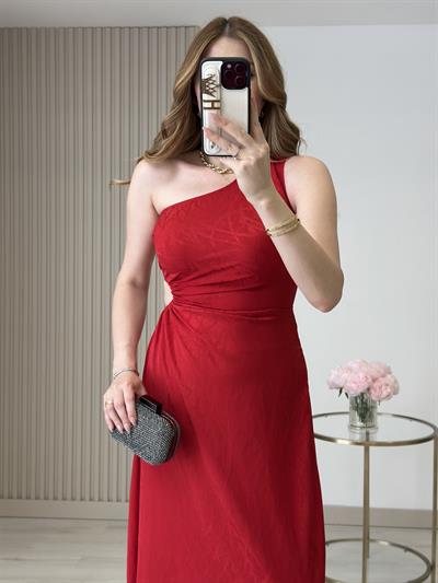 Tek Omuz Beli Pencere Detaylı Pamuk Saten Elbise Kırmızı