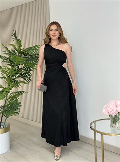 Tek Omuz Beli Pencere Detaylı Pamuk Saten Elbise Siyah