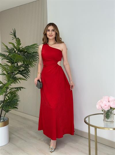 Tek Omuz Beli Pencere Detaylı Pamuk Saten Elbise Kırmızı