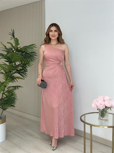 Tek Omuz Beli Pencere Detaylı Pamuk Saten Elbise Pudra