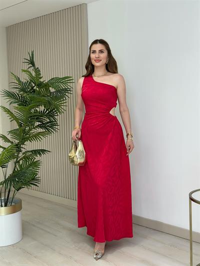 Tek Omuz Beli Pencere Detaylı Saten Elbise Fuşya