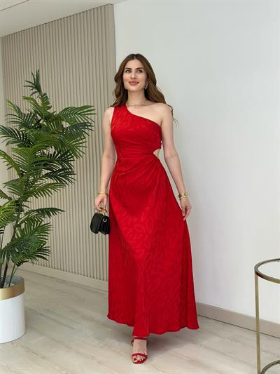 Tek Omuz Beli Pencere Detaylı Saten Elbise Kırmızı