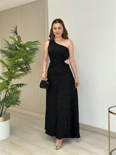 Tek Omuz Beli Pencere Detaylı Saten Elbise Siyah