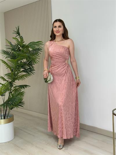 Tek Omuz Beli Pencere Detaylı Saten Elbise Pudra