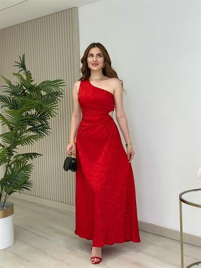 Tek Omuz Beli Pencere Detaylı Saten Elbise Kırmızı