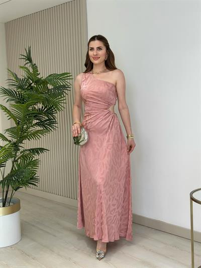 Tek Omuz Beli Pencere Detaylı Saten Elbise Pudra