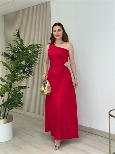 Tek Omuz Beli Pencere Detaylı Saten Elbise Fuşya