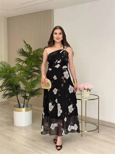 Tek Omuz Gold Tokalı Beli Drapeli Floral Elbise Siyah