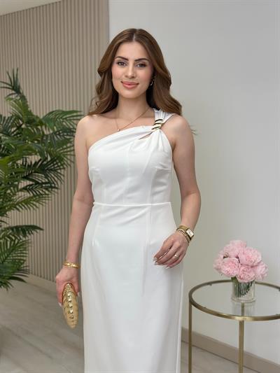 Tek Omuz Gold Tokalı Kalem Elbise Beyaz