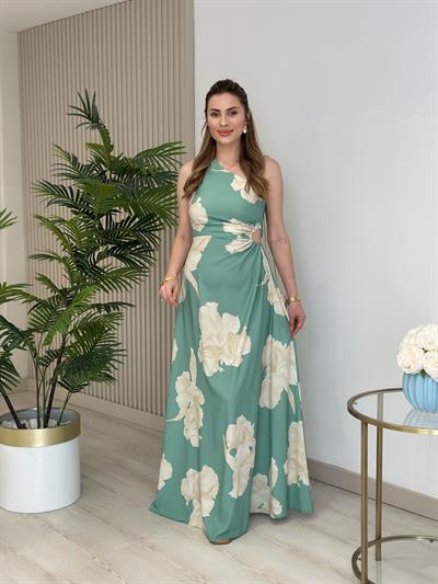 Tek Omuz Mint Bej Çiçekli Elbise 