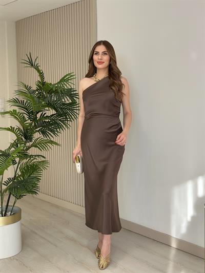 Tek Omuz Pamuk Saten Balık Elbise Açık Kahve