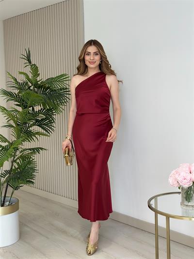Tek Omuz Pamuk Saten Balık Elbise Bordo