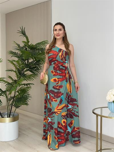 Tek Omuz Turkuaz Desenli Elbise