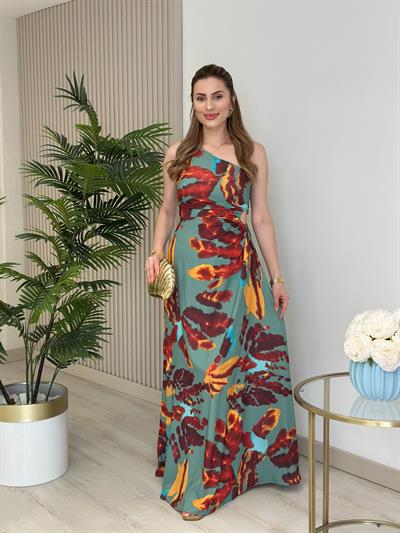 Tek Omuz Turkuaz Desenli Elbise