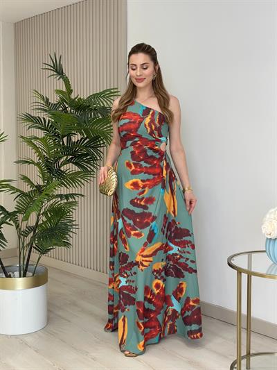 Tek Omuz Turkuaz Desenli Elbise