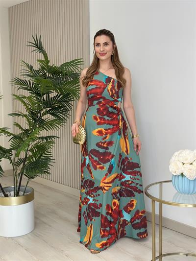 Tek Omuz Turkuaz Desenli Elbise