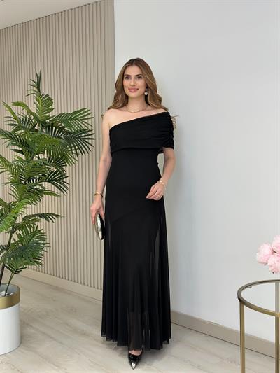 Tek Omuz Yandan Fermuarlı Astarlı Tül Elbise Siyah