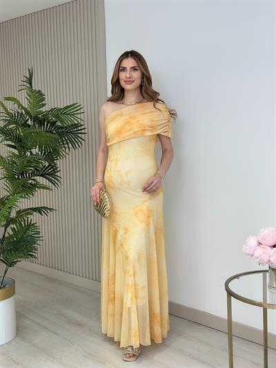 Tek Omuz Yandan Fermuarlı Astarlı Tül Elbise Sarı