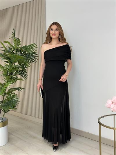 Tek Omuz Yandan Fermuarlı Astarlı Tül Elbise Siyah