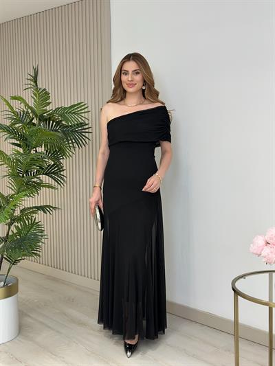 Tek Omuz Yandan Fermuarlı Astarlı Tül Elbise Siyah