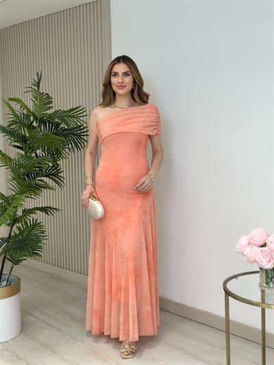 Tek Omuz Yandan Fermuarlı Astarlı Tül Elbise Somon