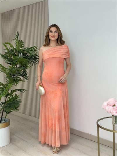 Tek Omuz Yandan Fermuarlı Astarlı Tül Elbise Somon