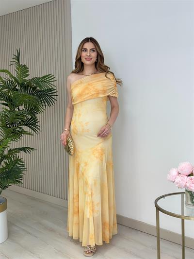 Tek Omuz Yandan Fermuarlı Astarlı Tül Elbise Sarı