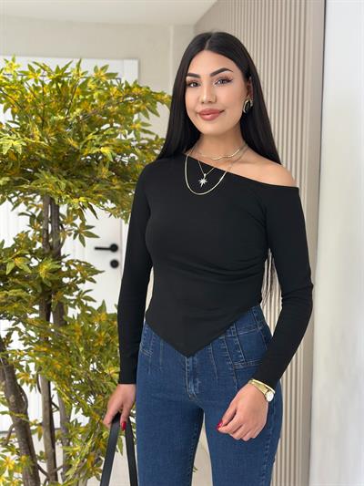 Tek Omzu Dekolteli Beli Drapeli Modal Bluz Siyah