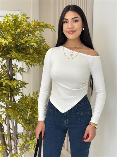 Tek Omzu Dekolteli Beli Drapeli Modal Bluz Beyaz
