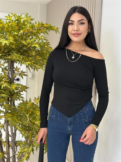 Tek Omzu Dekolteli Beli Drapeli Modal Bluz Siyah