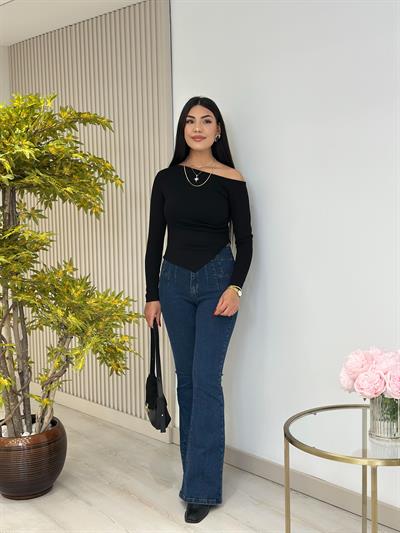 Tek Omzu Dekolteli Beli Drapeli Modal Bluz Siyah