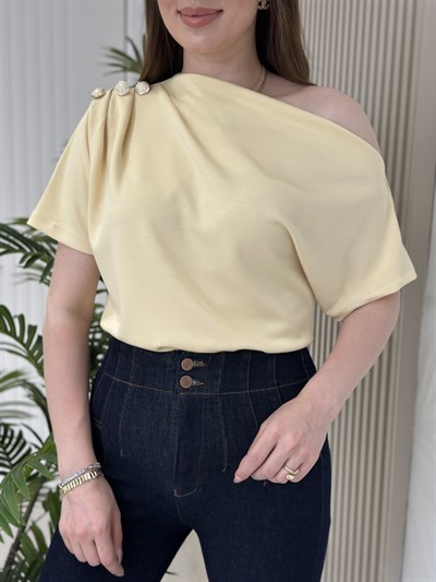 Tek Omzu Dekolteli Gold Düğmeli Modal Kumaş Tshirt Sarı