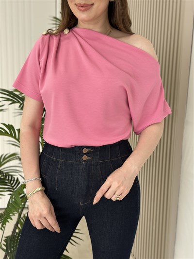 Tek Omzu Dekolteli Gold Düğmeli Modal Kumaş Tshirt Pembe