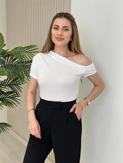 Tek Omzu Dekolteli Penye Tshirt Beyaz