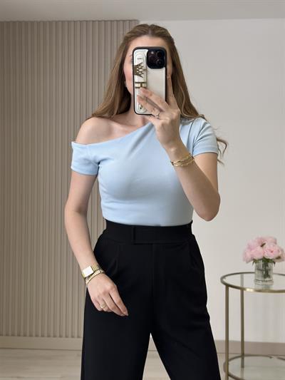 Tek Omzu Dekolteli Penye Tshirt Mavi