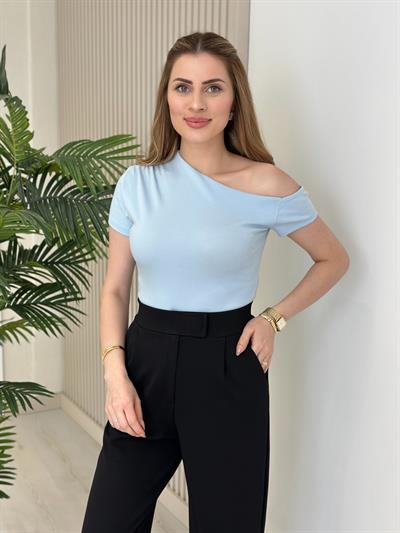 Tek Omzu Dekolteli Penye Tshirt Mavi